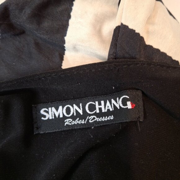 Slimming Simon Chang Black Beige Peplum Tiered Dress , Size Medium - Picture 6 of 6